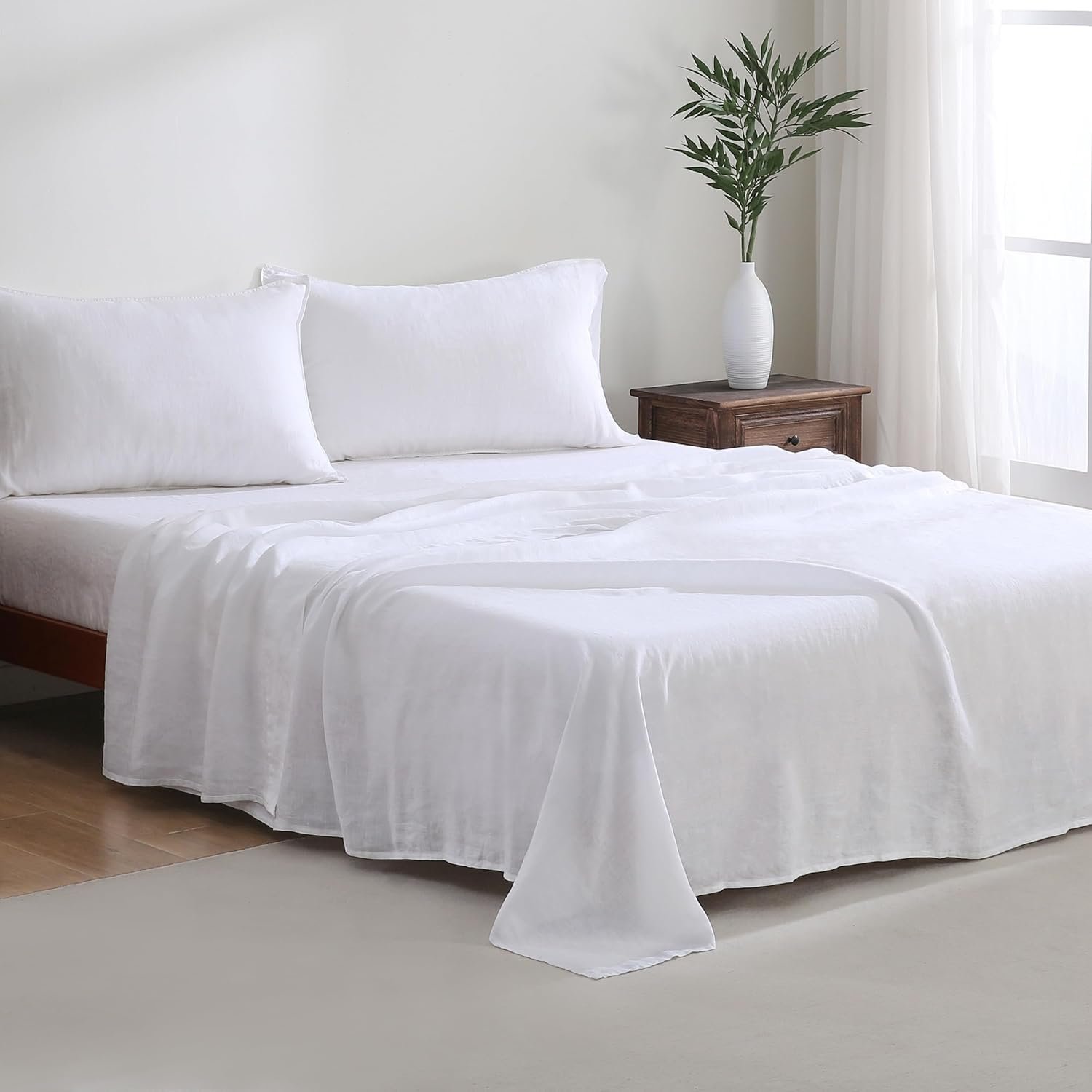100% French Linen Sheet Set – Queen Size, 4-Piece (White) - Image 3